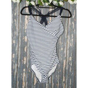 Kona Sol 1 Piece Swimsuit Size M Macrame Straps Built in Bra Blue White Striped